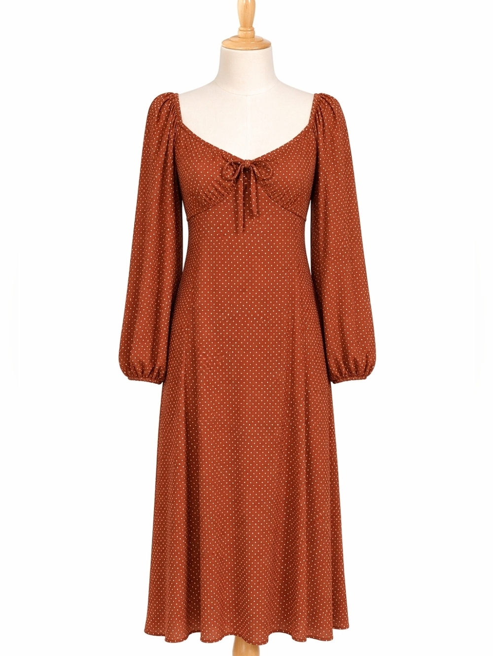 Shein Women's Brown Polkadot Knot Front Lantern Sleeve Midi Dress Sz XS Retro